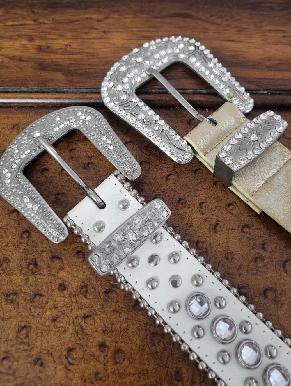 Two Rhinestone Studded White and Gold Western Buckle Belts